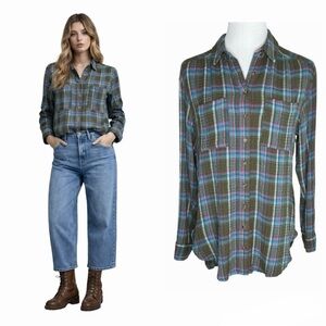 Anthropologie Pilcro Plaid Button Down Shirt Size Small Olive Multi Granola Girl